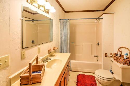 a bathroom with a sink and a toilet and a mirror at Lakefront Mountain Rest Cottage with Gas Fireplace! in Walhalla