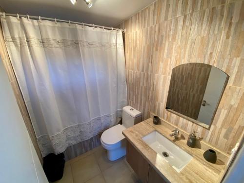 a bathroom with a sink and a toilet and a mirror at OASIS DEL VALLE DEL ELQUI in La Serena