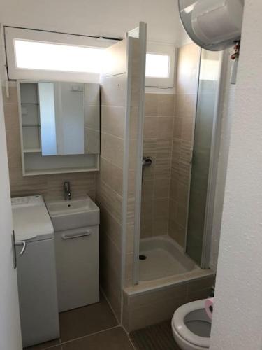 une salle de bain avec une douche, des toilettes et un lavabo dans l'établissement Studio +parking Bandol 3min à pied plage du vallat, à Bandol