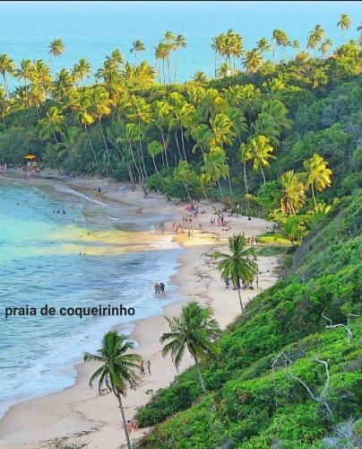 a beach with palm trees and people on it at Flat Tabatinga Nord, vista para o mar in Conde