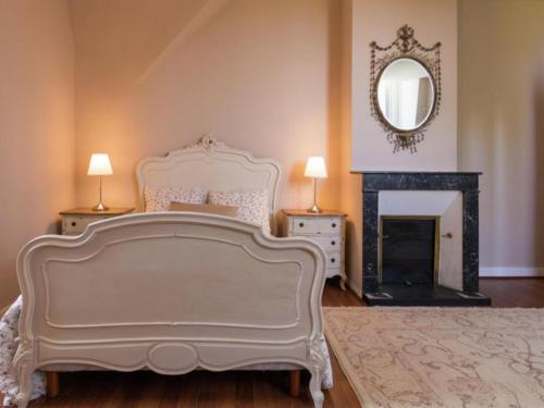 a bedroom with a large bed and a fireplace at Le Petit Chateau in Brouchaud
