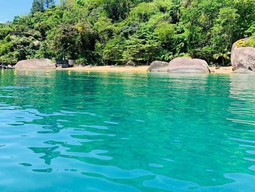 a body of water with rocks and trees in the background at Fauna in Praia do Bananal