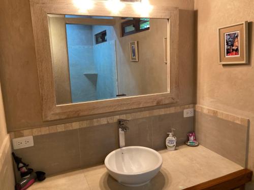 a bathroom with a white sink and a mirror at Lodge Margouillat in Tambor