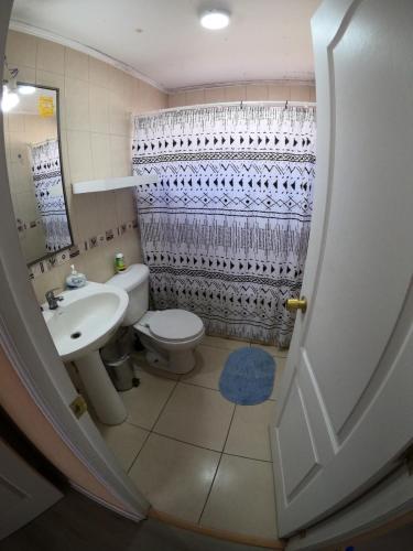 een badkamer met een wastafel, een toilet en een douche bij My Home in La Serena