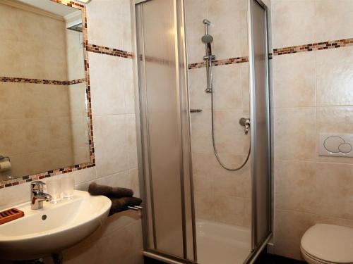 a bathroom with a shower and a sink at Apartments Filzsteinalm, Hochkrimml in Kirchdorf