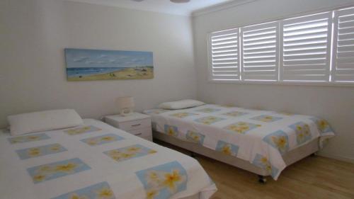 a bedroom with two beds and a window at 77 Roderick St Moffat Beach QLD in Caloundra