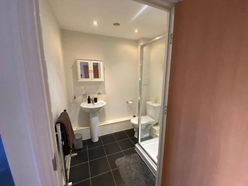 a bathroom with a sink and a toilet at Rooms in exquisite and centrally located apartment in Colindale
