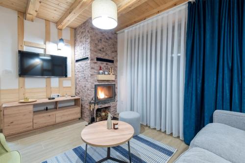 a living room with a couch and a fireplace at Mila house Tara in Bajina Bašta
