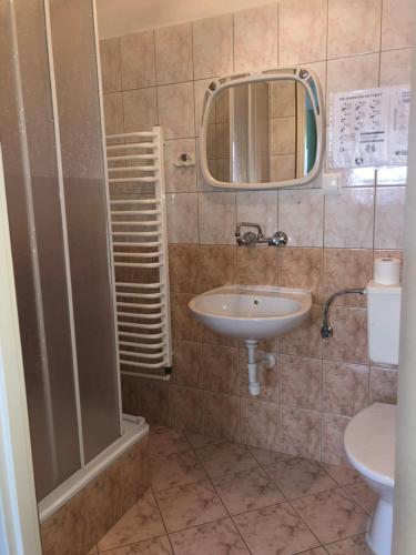 a bathroom with a sink and a mirror and a toilet at Międzynarodowe Schronisko Młodzieżowe PTSM Szarotka in Zakopane