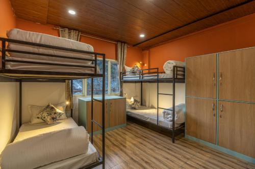two bunk beds in a room with orange walls at Zostel Plus Kareri in Dharamshala