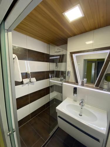 W łazience znajduje się umywalka i lustro. w obiekcie Hotel Ristorante La Terrazza w mieście Planegg