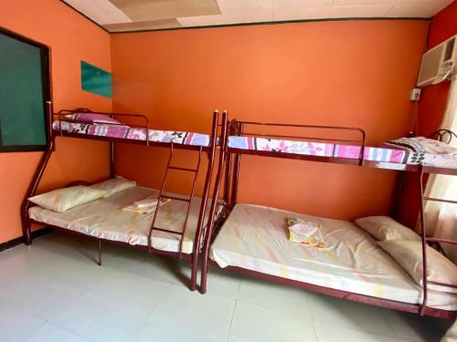八打雁的住宿－RedDoorz @ Classique Pan Oriental Hotel and Resort Batangas，橙色墙壁的客房内设有两张双层床。