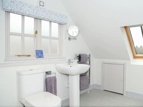 a white bathroom with a toilet and a sink at Little Robins in Trotterscliffe