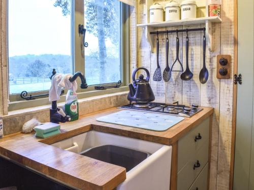 uma cozinha com um lavatório, um fogão e uma janela em Birchwood House Farm Shepherds Hut em Sherfield English