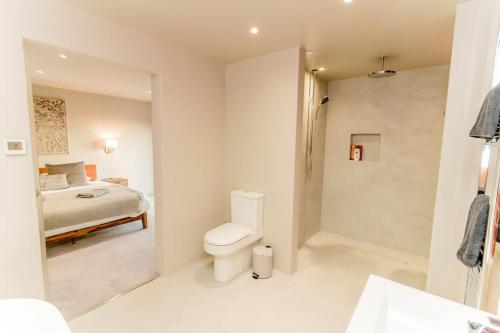 a bathroom with a toilet and a bed and a shower at Beautiful Barn Conversion Close To The Broads in Dilham