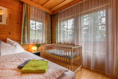 a nursery with a crib in a room with windows at Landhaus Hinteregg Apartment in Schladming