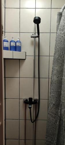 a shower with a hose attached to a tiled wall at Villa Pikkumustikka in Töysä