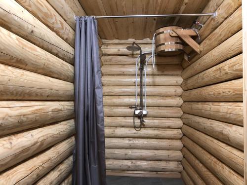 a shower in a room with a wooden wall at Котедж Mezohat in KozÊ¼meshchek