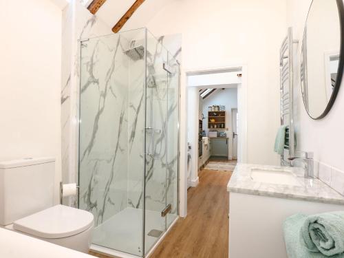 a bathroom with a shower and a toilet at Well Cottage in Grimston