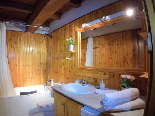 baño de madera con lavabo y aseo en AC Apartaments Tarter Chalet, en El Tarter