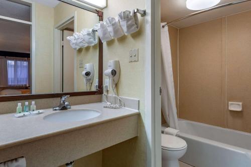uma casa de banho com um lavatório, um WC e um espelho. em Quality Inn On Historic Route 66 em Barstow