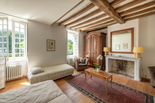 - un salon avec une cheminée et un canapé dans l'établissement Bel appartement à la Chetardière, à Sainte-Gemme-dʼAndigné