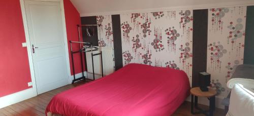 シャロン・アン・シャンパーニュにあるCalme et repos en villeのベッドルーム1室(ピンクの毛布付きのベッド1台付)