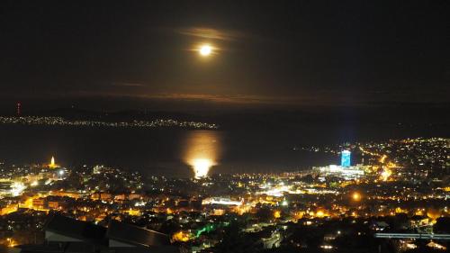 a view of a city at night with the moon at Hobart View in Hobart