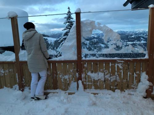 a person standing on a fence in the snow at Stubihuettn in Sonnenalpe Nassfeld