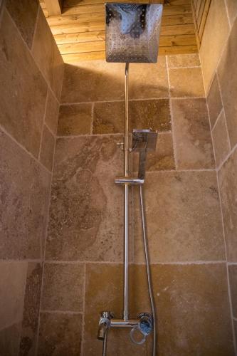 a shower in a bathroom with a tile floor at ȘURA LU' PĂTRU in Vulcan