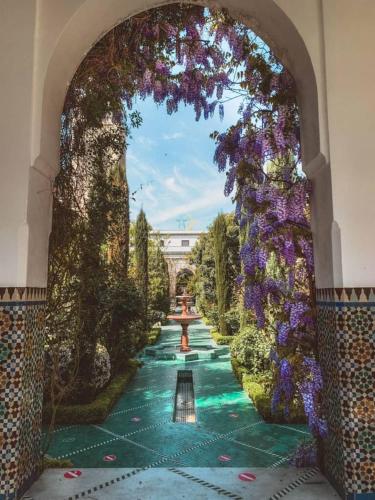 une arche dans un bâtiment avec un jardin fleuri dans l'établissement Spacious 90sqm - Zen Latin District - Notre-Dame, à Paris