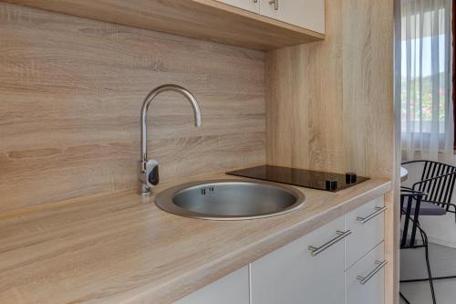 a kitchen sink with a faucet on a counter at Apartments Jezera Lovišća in Jezera