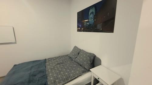 uma cama num quarto com uma fotografia na parede em DeLux12 em Lódź