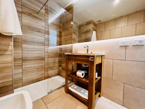 La salle de bains est pourvue d'un lavabo et d'une douche. dans l'établissement Bosque Encantado, à Ushuaia