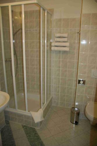 a bathroom with a shower and a toilet and a sink at Lazensky Hotel Park in Poděbrady