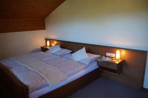 ein Schlafzimmer mit einem Bett mit zwei Lampen in der Unterkunft Gästehaus Brunner in Zwiesel