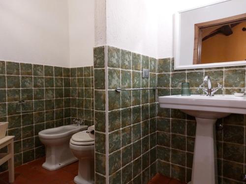 a bathroom with a sink and a toilet and a mirror at La Rimbecca Greve in Chianti in Greve in Chianti