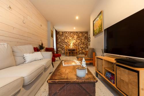 a living room with a couch and a large television at Къщи за гости Сноуфлейк Snowflake Chalet and Snowflake Lodge in Bansko