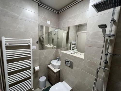 a bathroom with a sink and a toilet and a mirror at Helen's Art House in Pýli