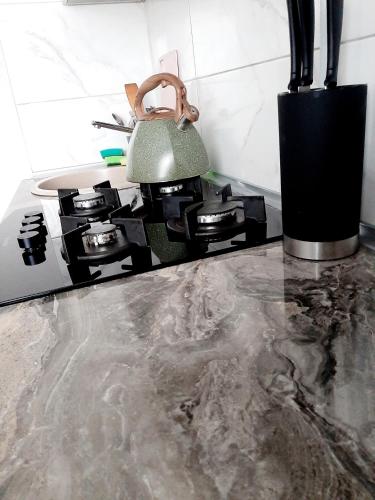 Una campana colocada encima de una estufa en una cocina. en Light Apartment, en Riga