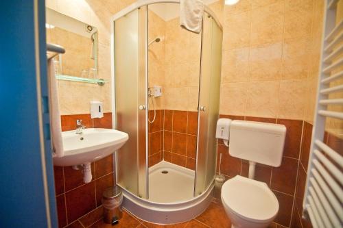 a bathroom with a shower and a toilet and a sink at Canada Hotel Budapest in Budapest