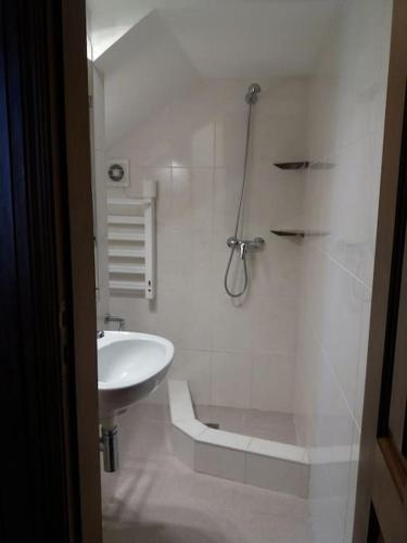 a white bathroom with a shower and a sink at Meus Rios - moradia T1 entre o Douro e Tâmega in Torrão