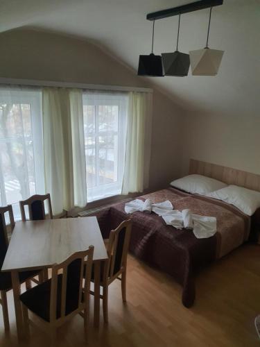 米茲多洛傑的住宿－OW Meduza i Biala Mewa，卧室配有一张床和一张桌子及椅子