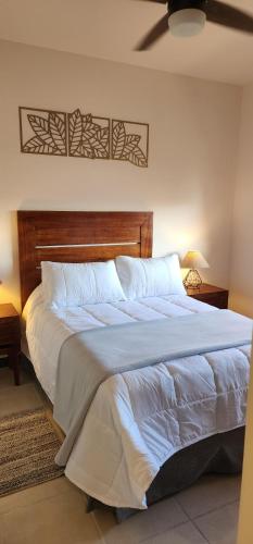 - une chambre avec un grand lit et une tête de lit en bois dans l'établissement SUITES LOMBOY & PLAZA, à San José del Cabo