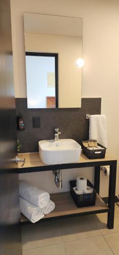 a bathroom with a sink and a mirror and towels at SUITES LOMBOY & PLAZA in San José del Cabo