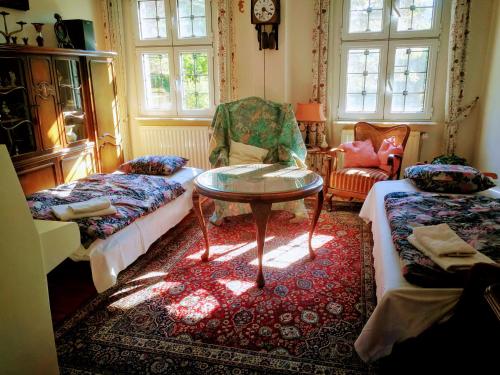 ein Wohnzimmer mit einem Tisch und einem Sofa in der Unterkunft De Nachtegaal in Eláfion