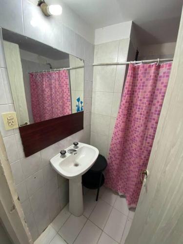 baño con lavabo y cortina de ducha rosa en Departamento Aristides en Mendoza