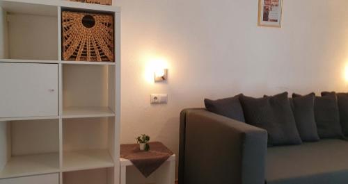 a living room with a couch and a book shelf at Bergkristall Apartments in Ischgl