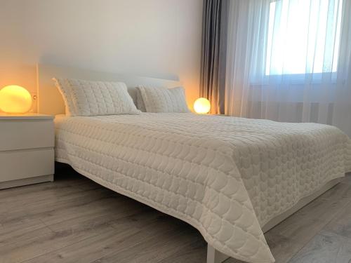 アルバ・ユリアにあるTransylvania Residenceの白いベッド(白い掛け布団付)、窓が備わります。