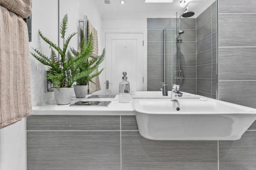 a white bathroom with a sink and two plants at The Seaview Suites and Ground Floor Suite at The Corbyn Apartments in Torquay